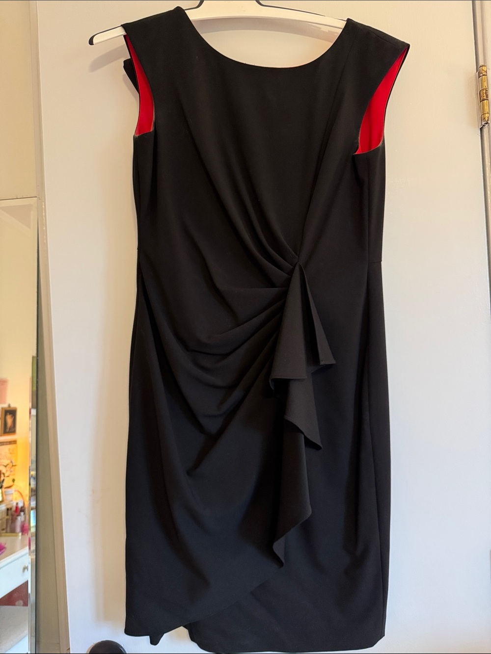 Calvin Klein Black Midi Sheath Dress with Red Accents